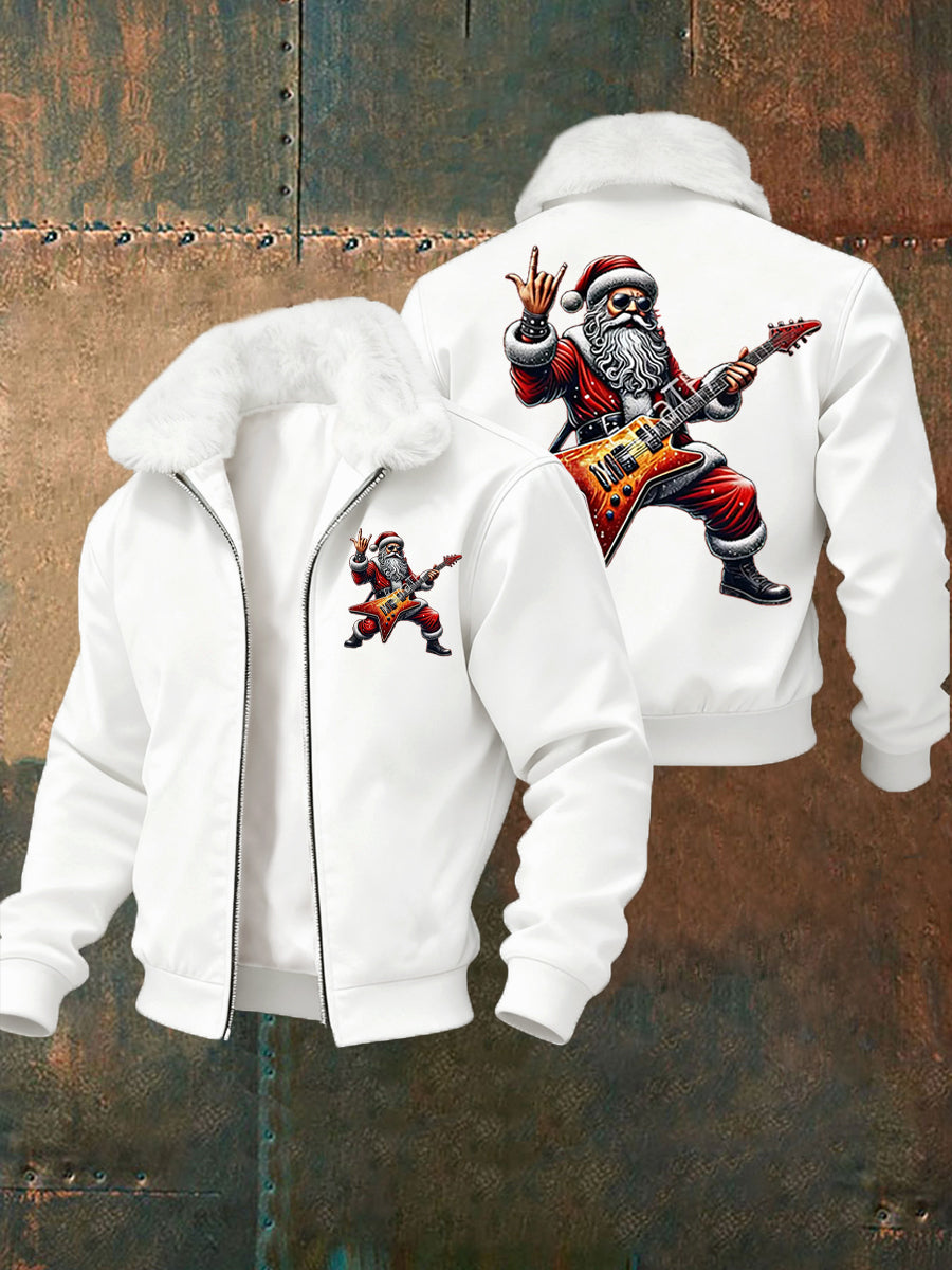 Hommes de Noël Rock Santa Claus Imprimer col de fourrure Zip-Up Jacket