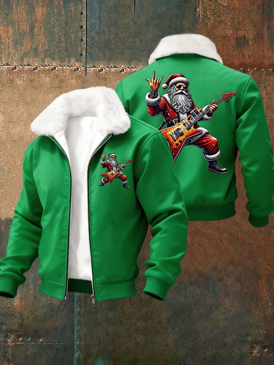 Hommes de Noël Rock Santa Claus Imprimer col de fourrure Zip-Up Jacket