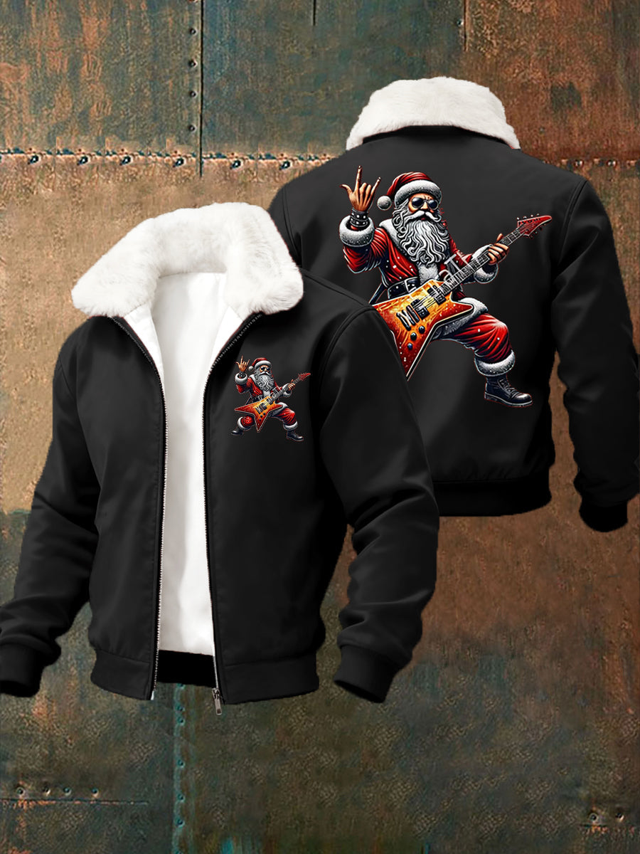 Hommes de Noël Rock Santa Claus Imprimer col de fourrure Zip-Up Jacket