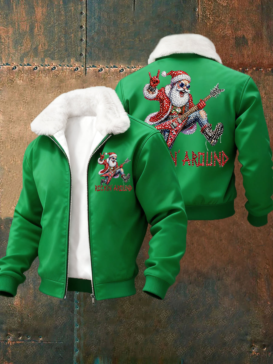 Hommes de Noël Rock Santa Claus Imprimer col de fourrure Zip-Up Jacket