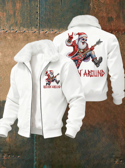 Hommes de Noël Rock Santa Claus Imprimer col de fourrure Zip-Up Jacket
