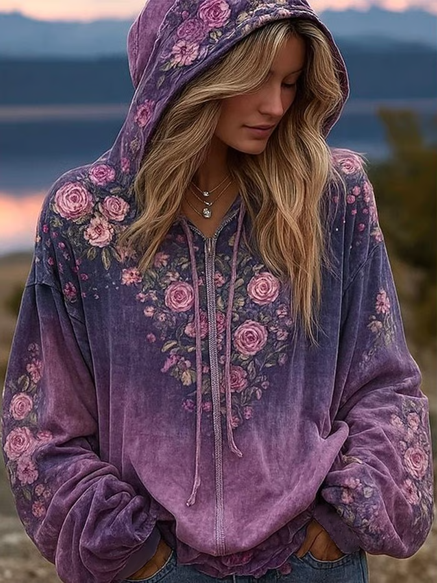 Automne Vintage Purple Floral Print ras du cou Sweatshirt des femmes