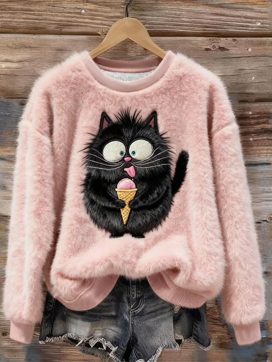 Sweat à capuche en flanelle pour femmes Funny Fuzzy Black Cat