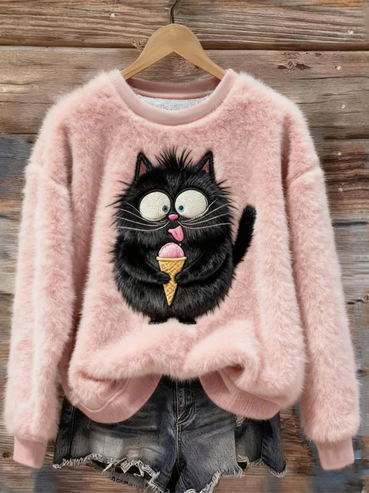 Sweat à capuche en flanelle pour femmes Funny Fuzzy Black Cat