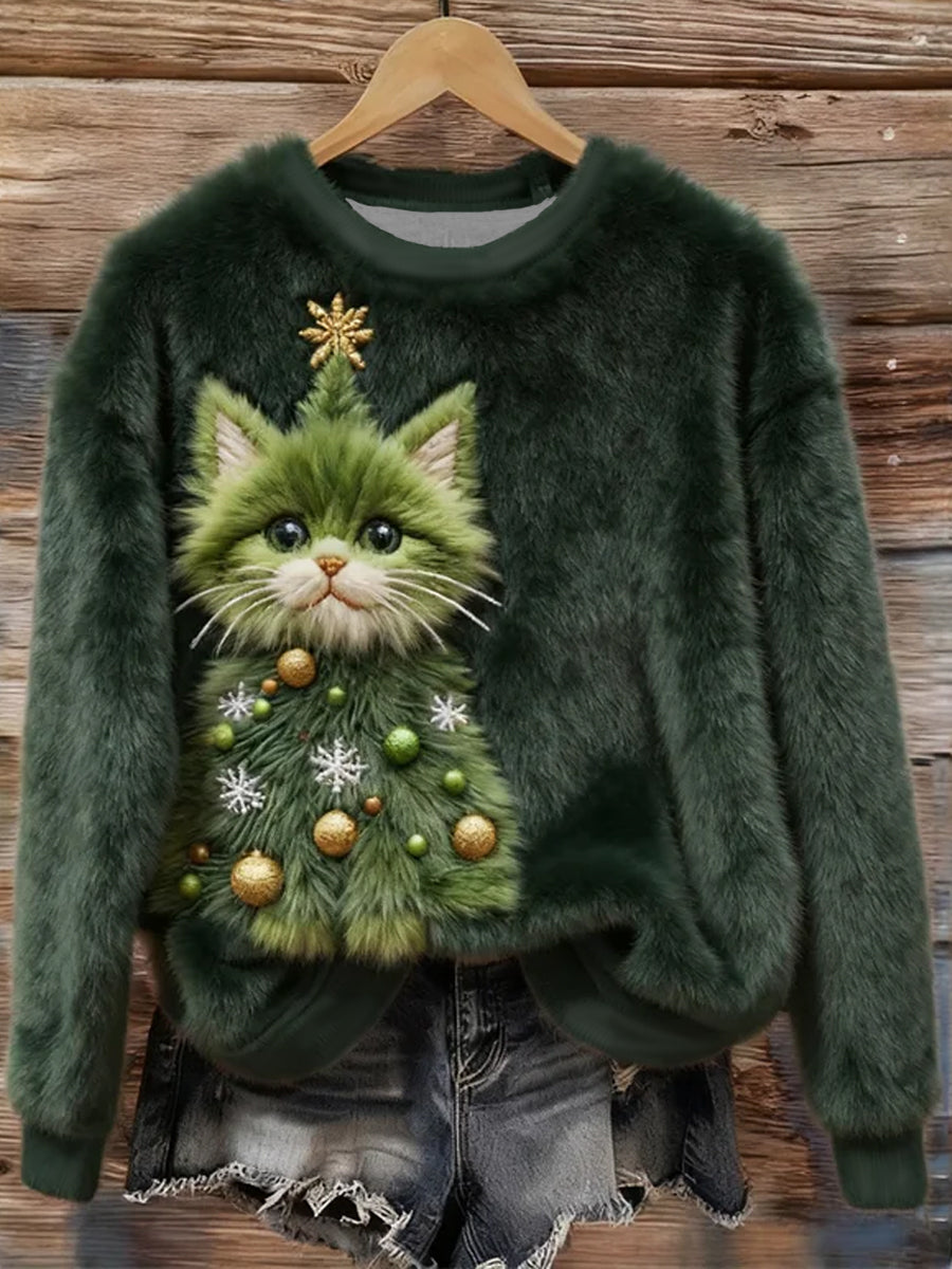 Sweat à capuche confortable en flanelle pour femme Funny Christmas Tree Cat