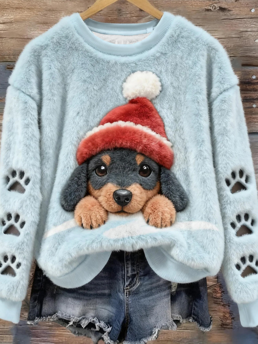Sweat à capuche en flanelle pour femme Noël mignon chien et patte