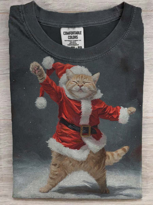 T-shirt décontracté à manches courtes imprimé chat mignon du père Noël