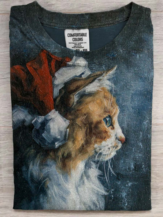T-shirt décontracté à manches courtes imprimé chat mignon du père Noël