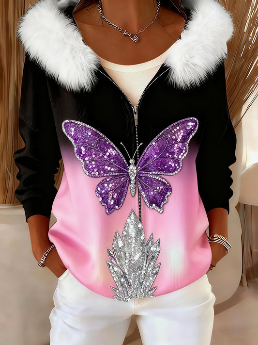 Rétro papillon Art confortable en peluche Cardigan à capuche des femmes