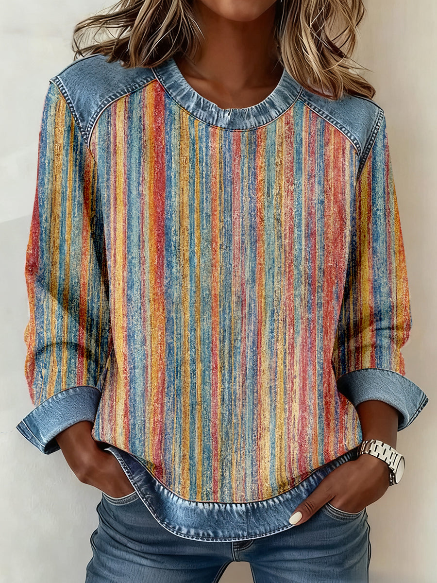 Sweat-shirt Femme Motif Rayé Multicolore Patchwork
