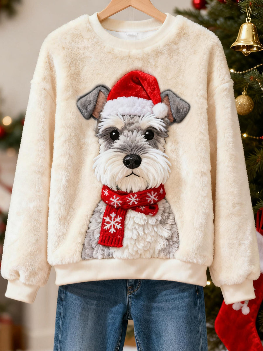 Sweat-shirt en flanelle décontracté imprimé Schnauzer de Noël pour femmes