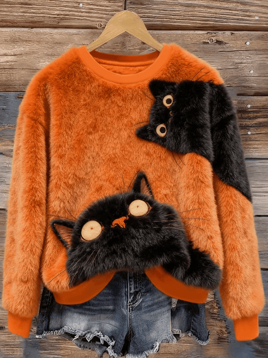 Sweat à Capuche Femme Noir Imprimé Chat En Flanelle