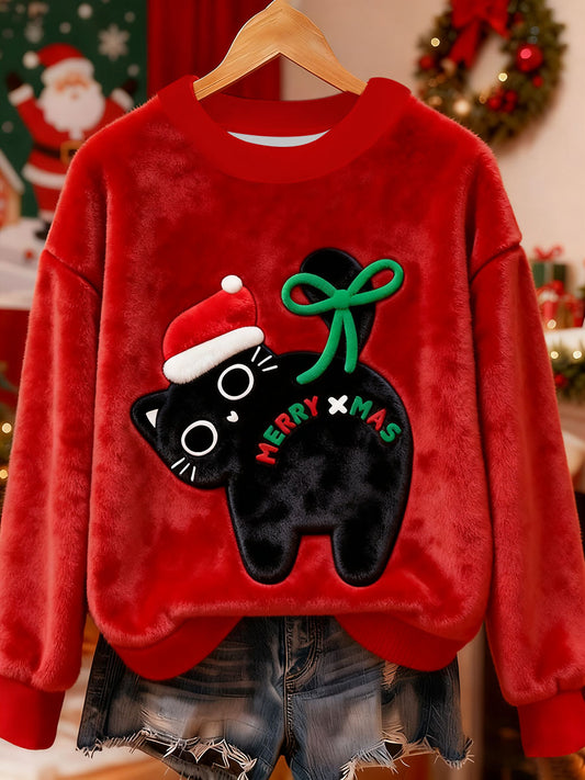 Mignon Noël Chat Art Imprimer Flanelle Casual Sweatshirt