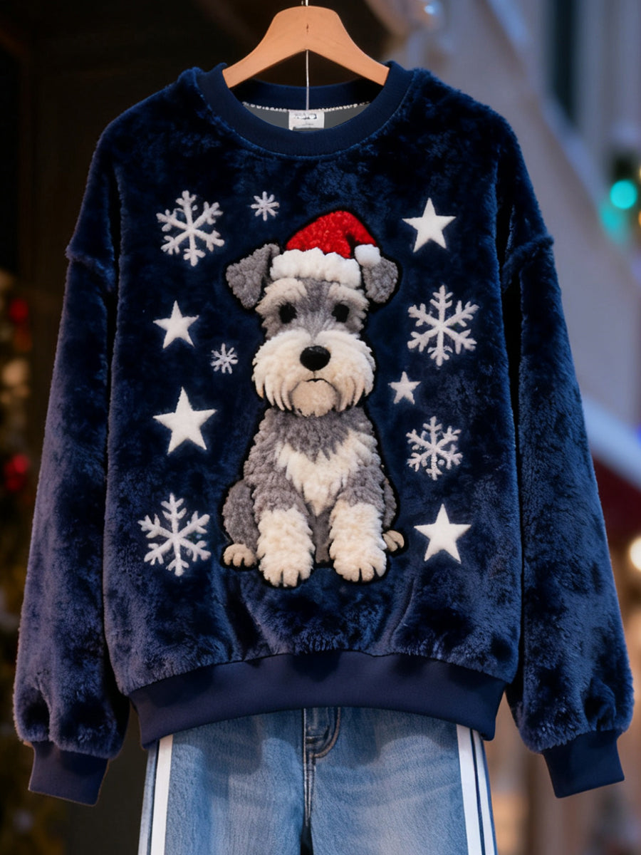 Sweat-shirt en flanelle décontracté imprimé Schnauzer de Noël pour femmes