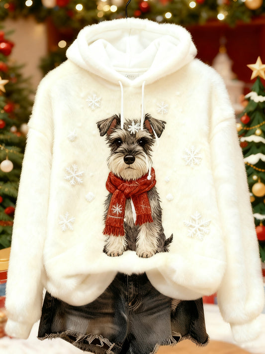 Sweat à capuche décontracté en flanelle imprimé chien mignon de Noël pour femmes