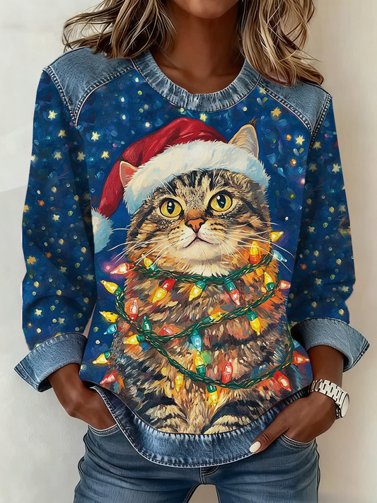 Femmes Lumières De Noël Chat Denim Patchwork Top