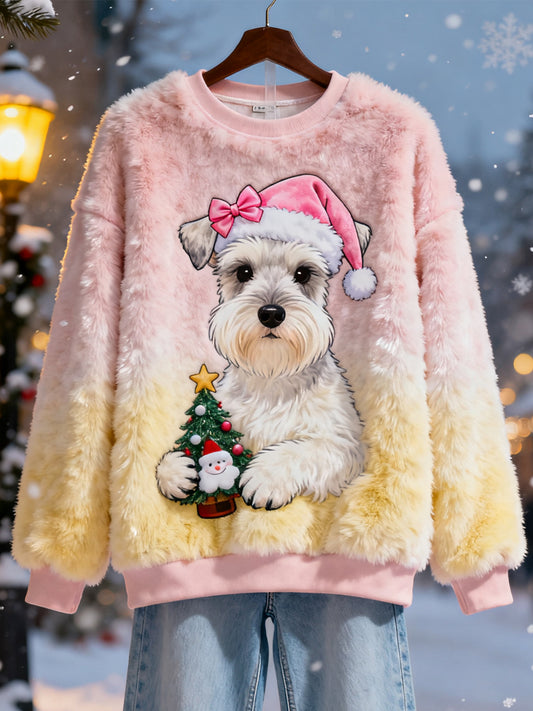 Sweat-shirt en flanelle décontracté imprimé Schnauzer de Noël pour femmes