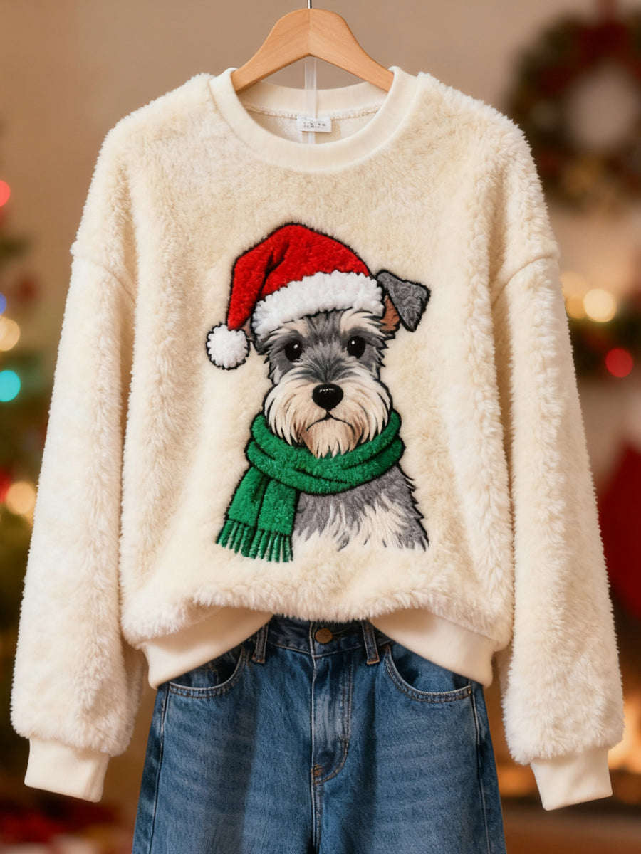 Sweat-shirt en flanelle décontracté imprimé Schnauzer de Noël pour femmes
