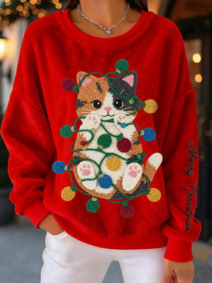 Sweatshirts en flanelle de chat de Noël pour femmes