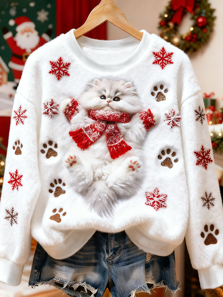 Mignon Noël Chat Art Imprimer Flanelle Casual Sweatshirt