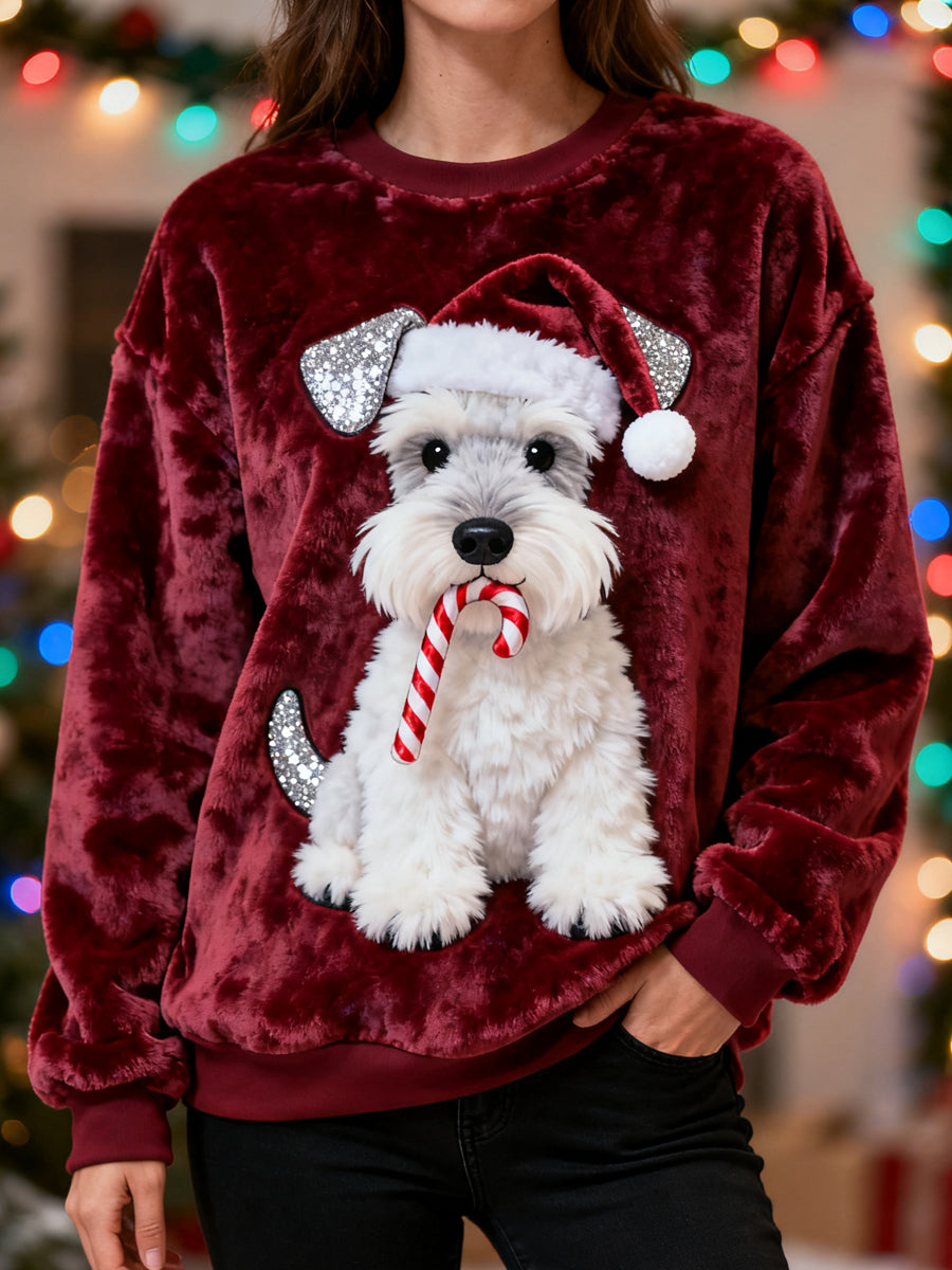 Sweat-shirt en flanelle décontracté imprimé Schnauzer de Noël pour femmes