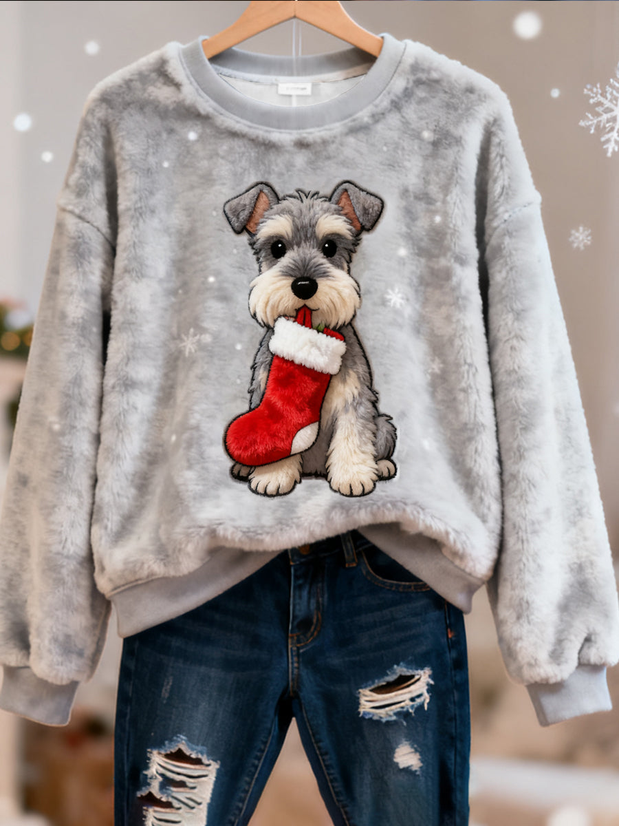 Sweat-shirt en flanelle décontracté imprimé Schnauzer de Noël pour femmes