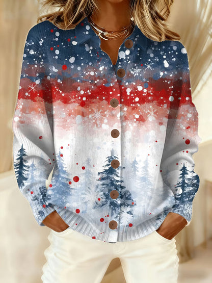 Femmes Rétro Arbre De Noël Flocons De Neige Art Imprimer Cardigan Décontracté
