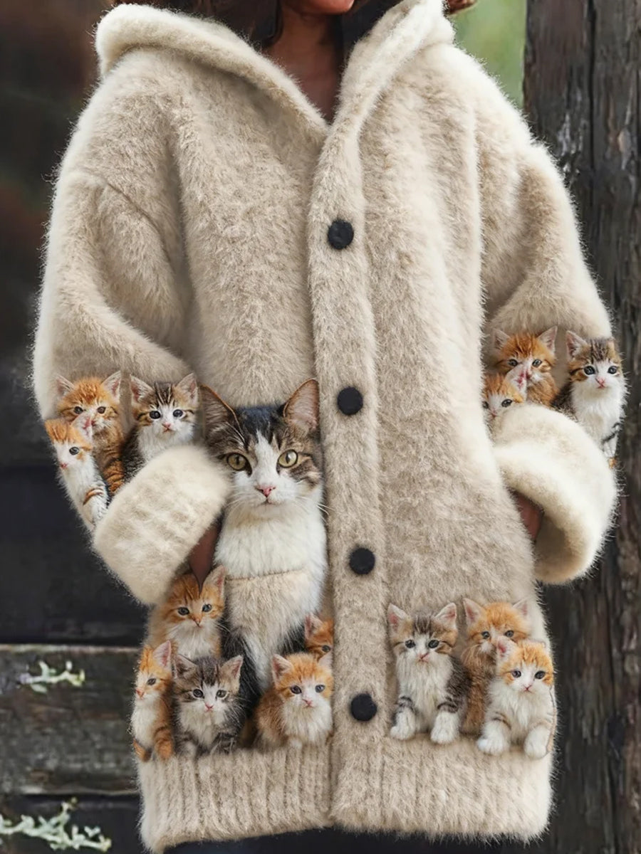 Rétro Animal Art Imprimer confortable Flanelle Cardigan Femme