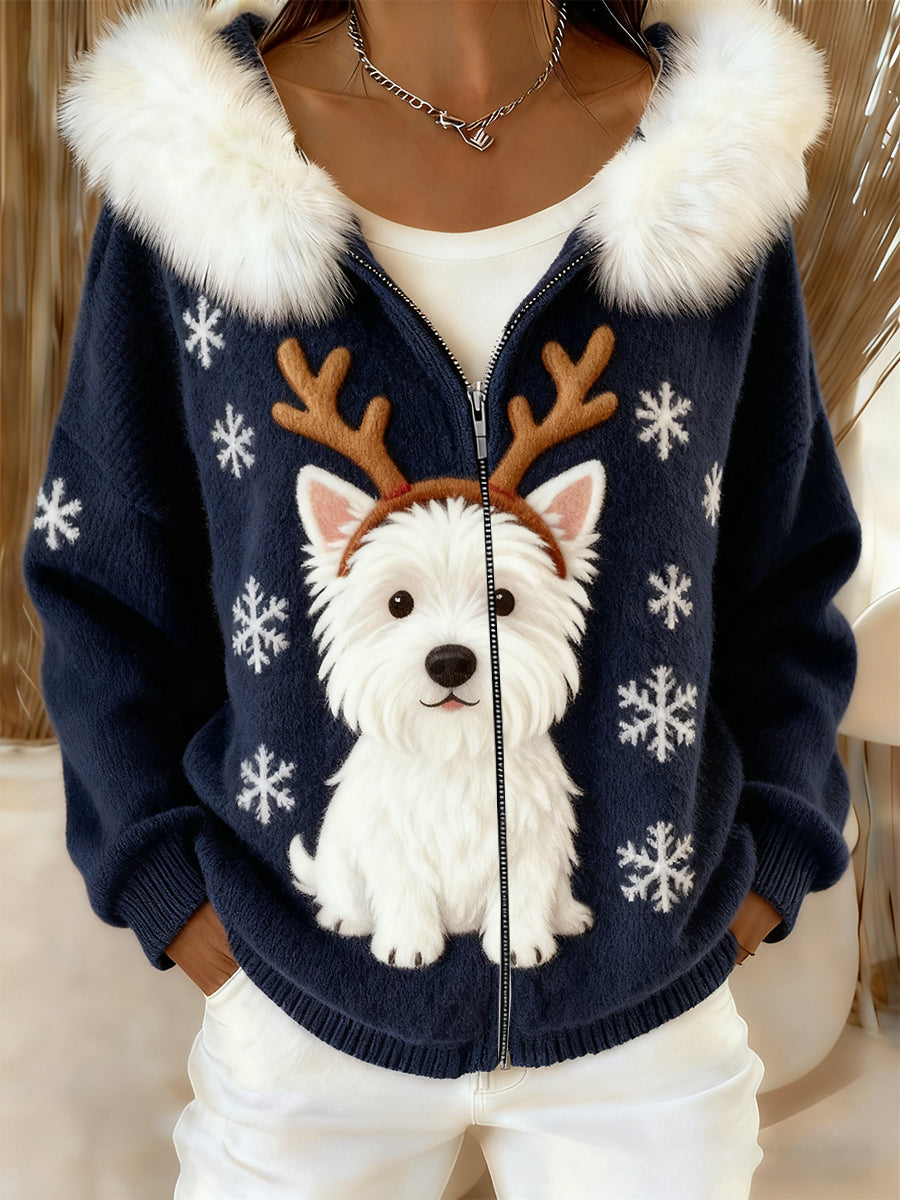 Rétro Animal Art confortable en peluche Cardigan à capuche pour femmes