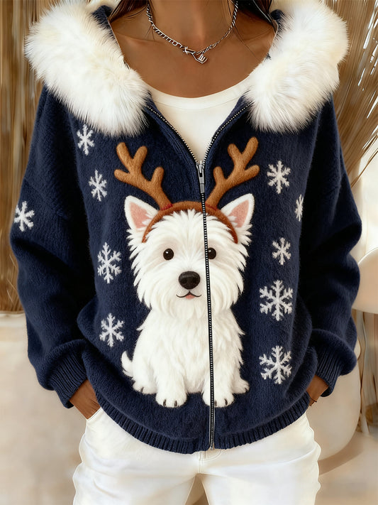 Rétro Animal Art confortable en peluche Cardigan à capuche pour femmes