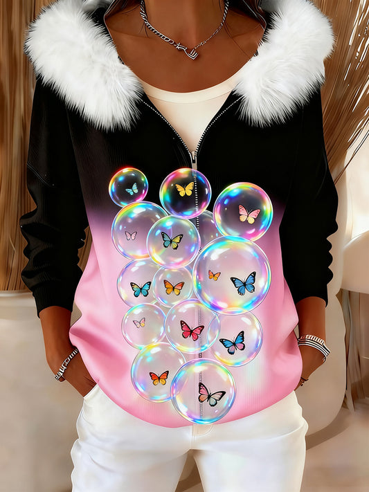 Rétro Animal Art confortable en peluche Cardigan à capuche pour femmes