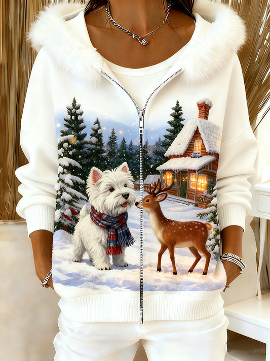 Rétro Animal Art confortable en peluche Cardigan à capuche pour femmes