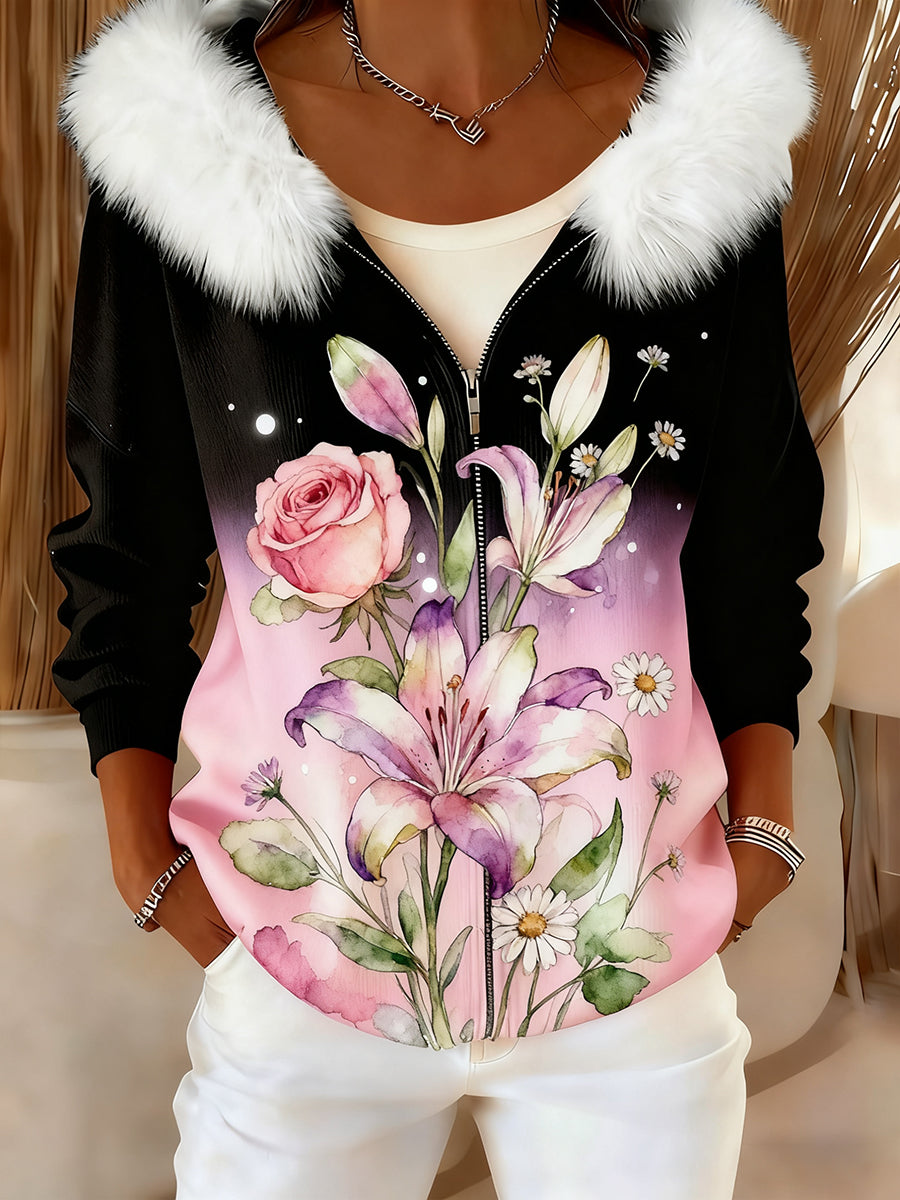 Rétro Animal Art confortable en peluche Cardigan à capuche pour femmes