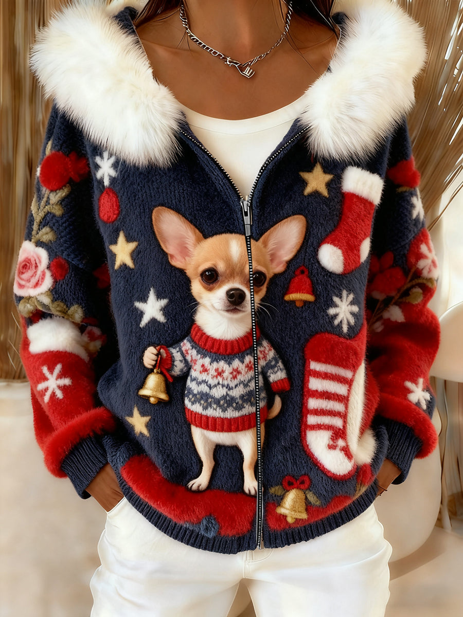 Rétro Animal Art confortable en peluche Cardigan à capuche pour femmes