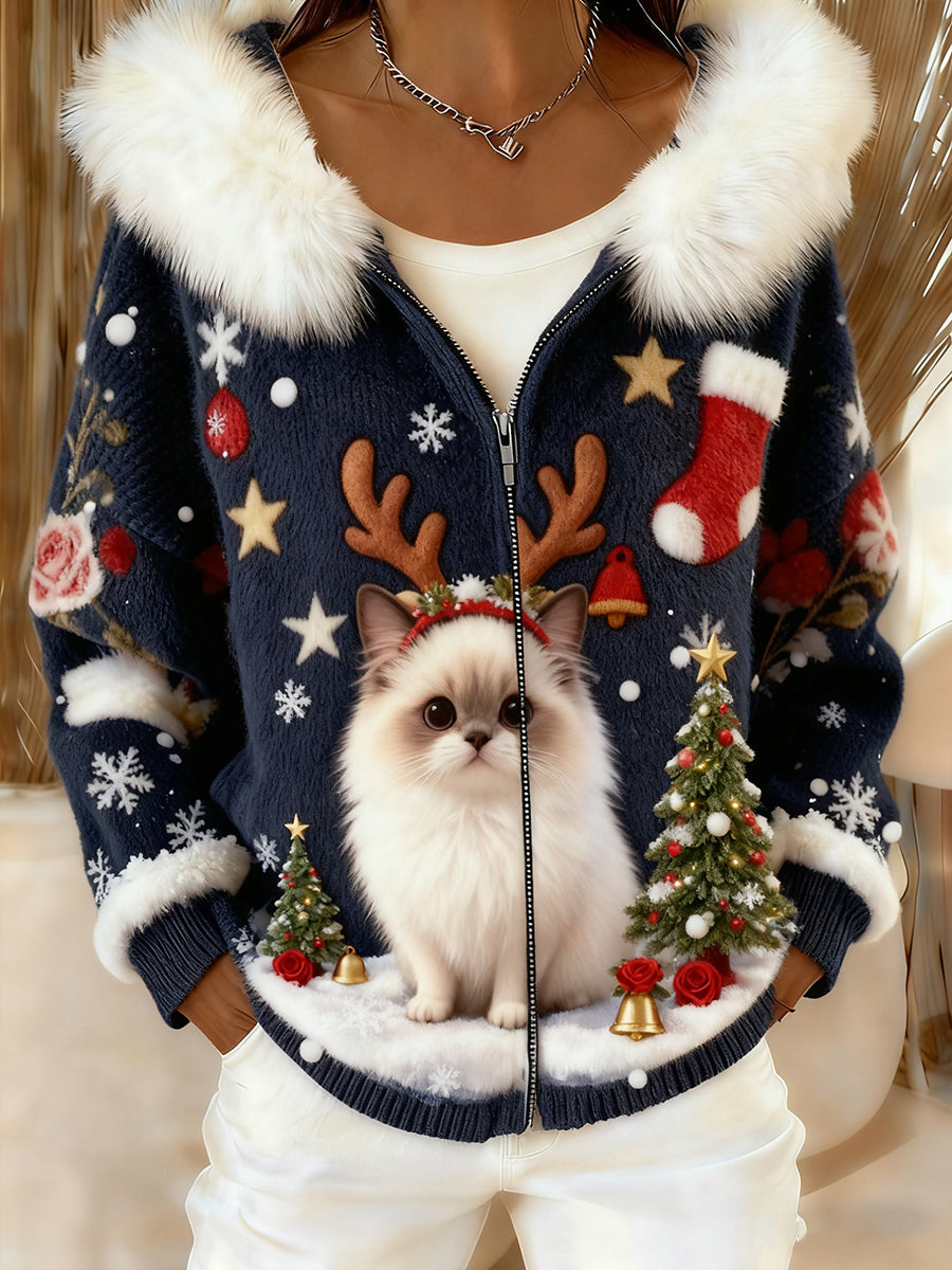 Rétro Animal Art confortable en peluche Cardigan à capuche pour femmes