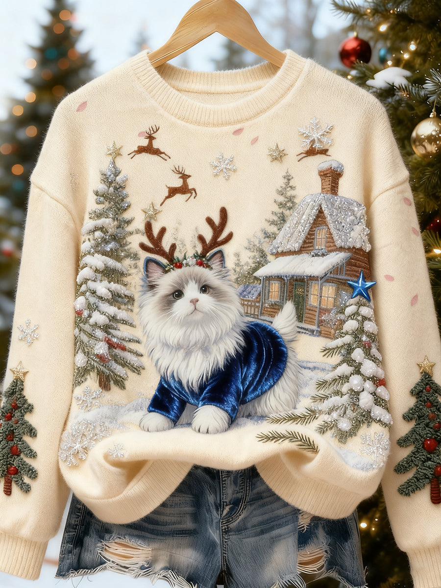 Top Décontracté en Flanelle Imprimé Art de Noël Animal Rétro Femme