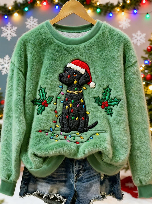 Sweat à capuche en flanelle motif chien noir mignon de Noël pour femmes