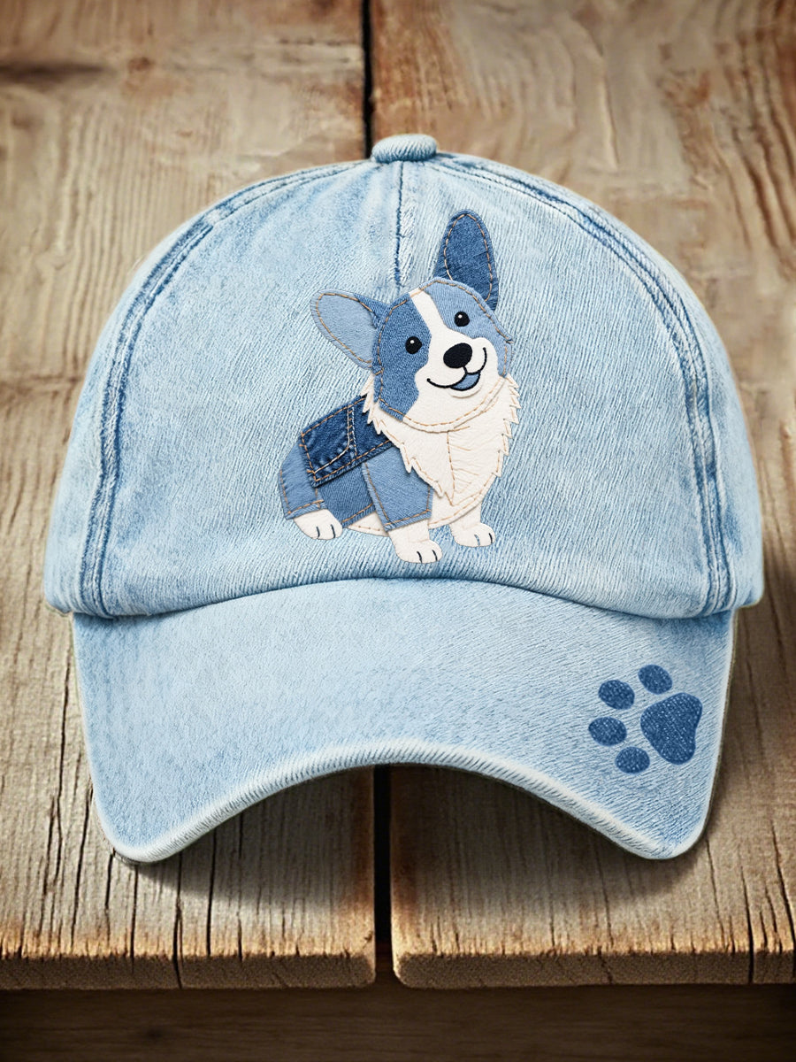 Unisexe Denim Patchwork Art Corgi Chien Motif Lavé Chapeau