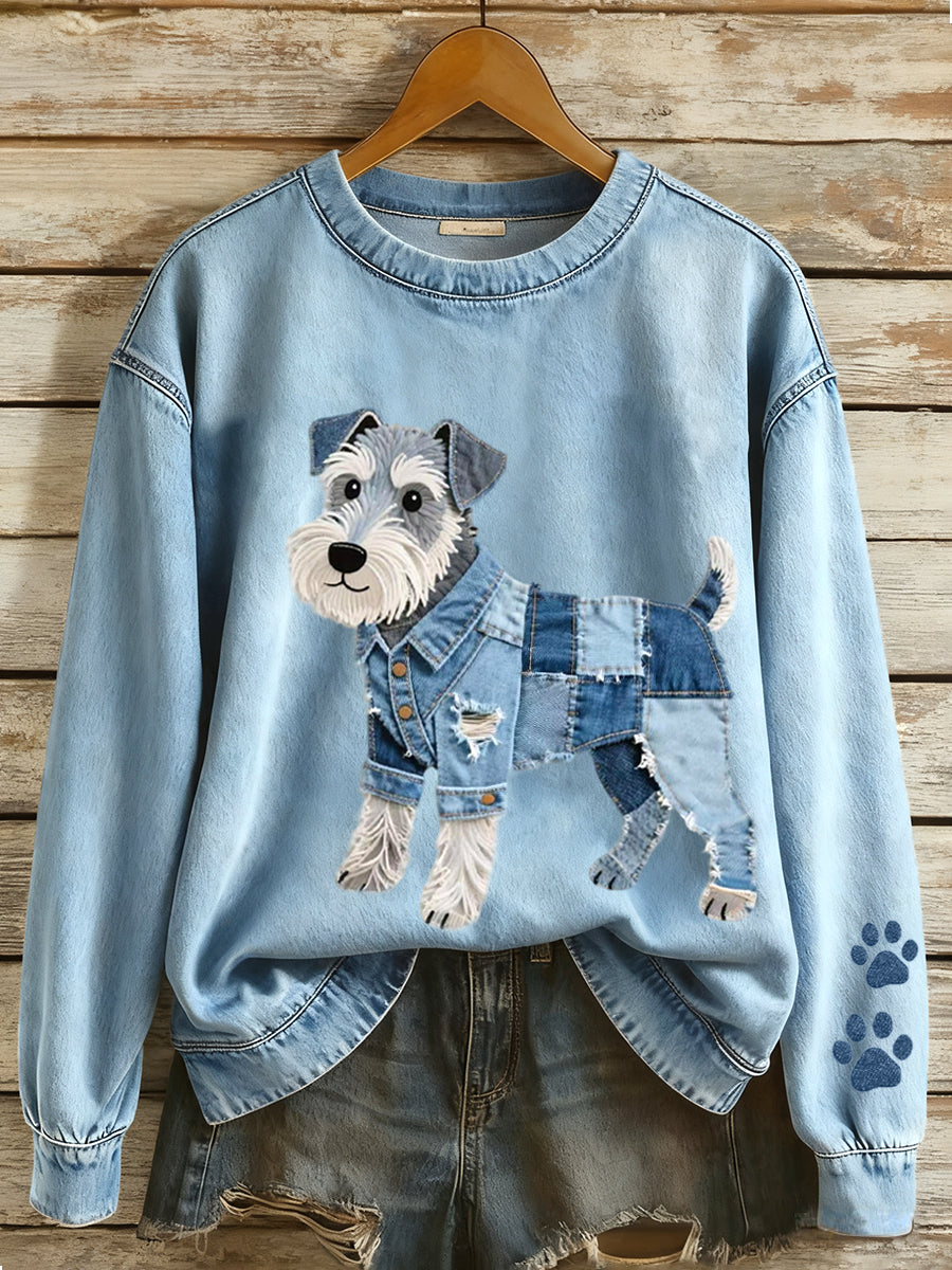 Femmes Denim Patchwork Art Schnauzer Chien Motif Sweatshirt