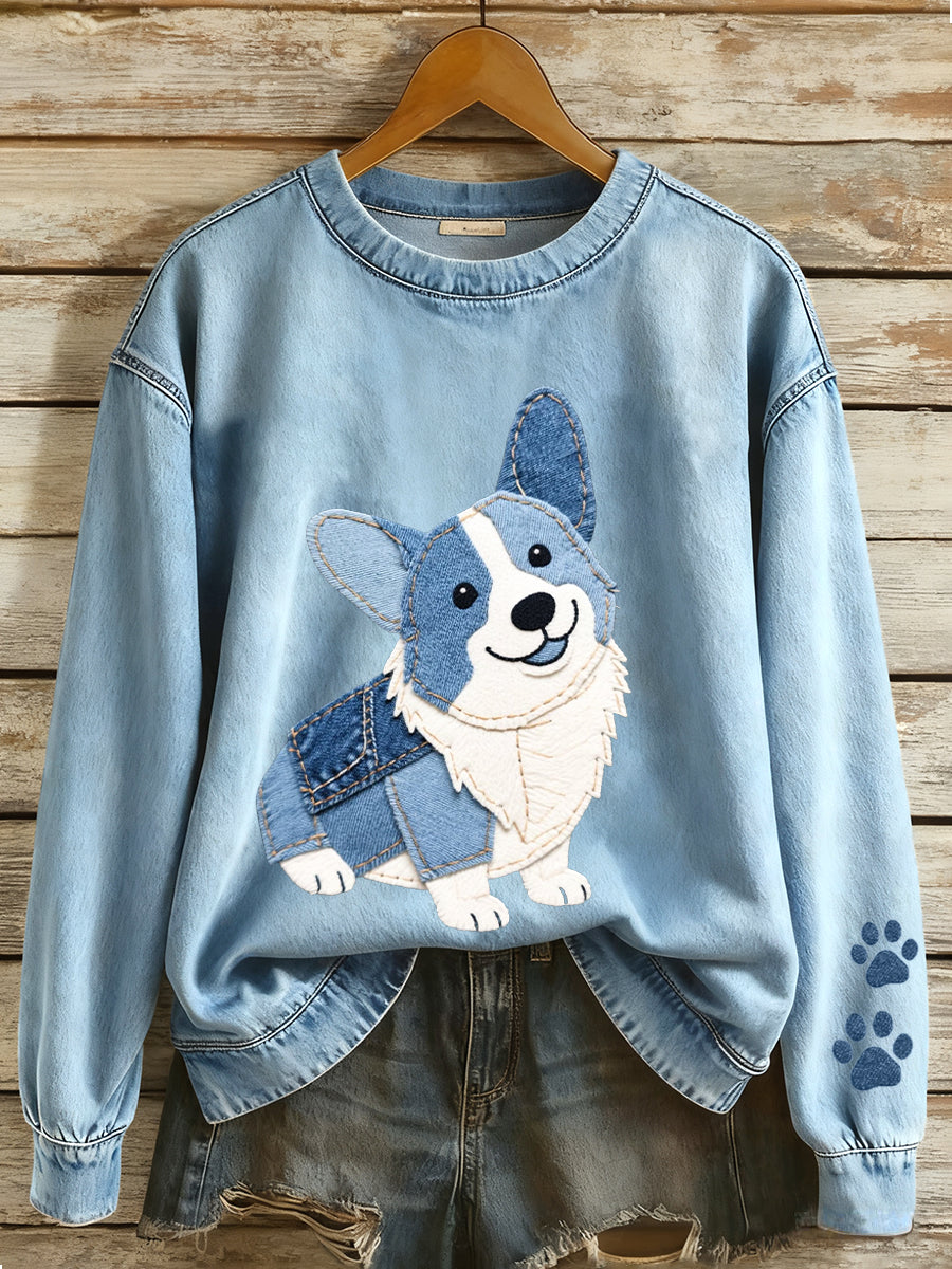 Femmes Denim Patchwork Art Corgi Motif Sweatshirt