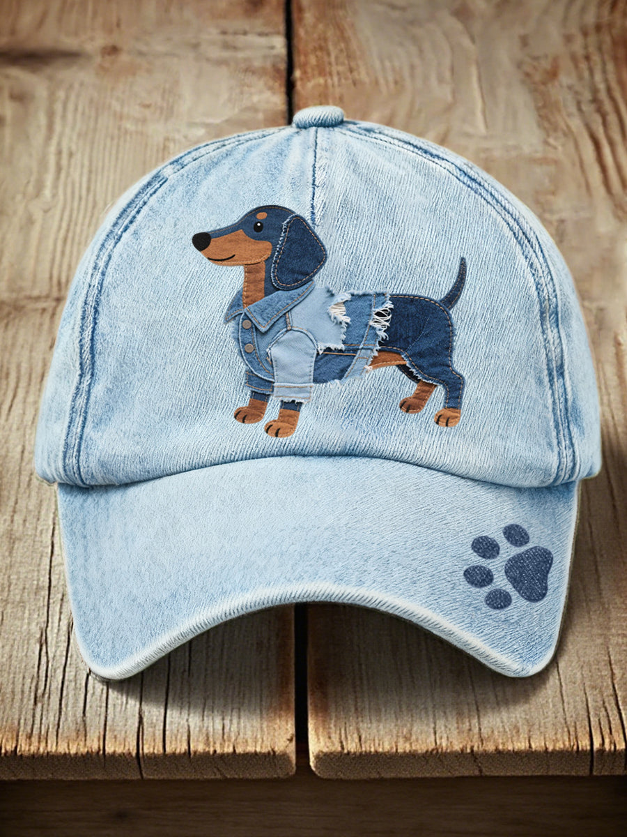 Unisexe Denim Patchwork Art Teckel Chien Motif Lavé Chapeau