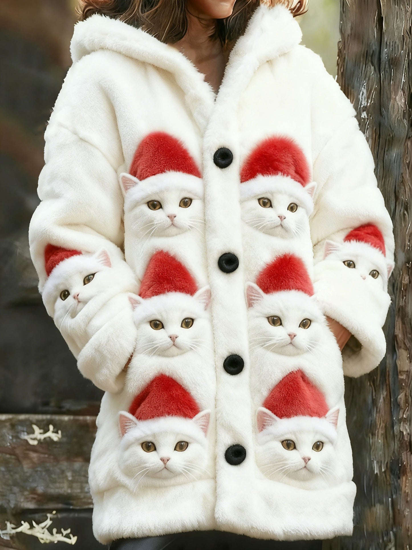 Manteau en peluche imprimé art de chat de Noël pour femmes