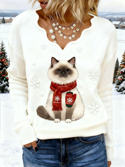 Femmes de Noël mignon Ragdoll chat imprimé chat maman cadeau décontracté col en V Top