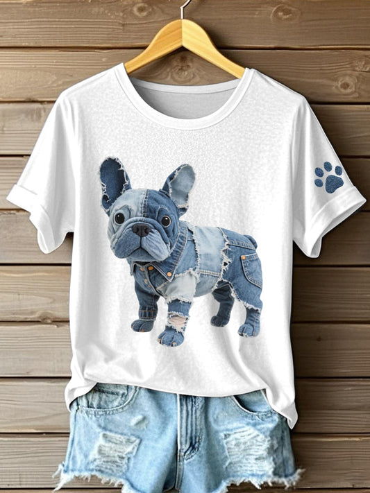 Femmes Denim Patchwork Art Français Bulldog Motif T-Shirt