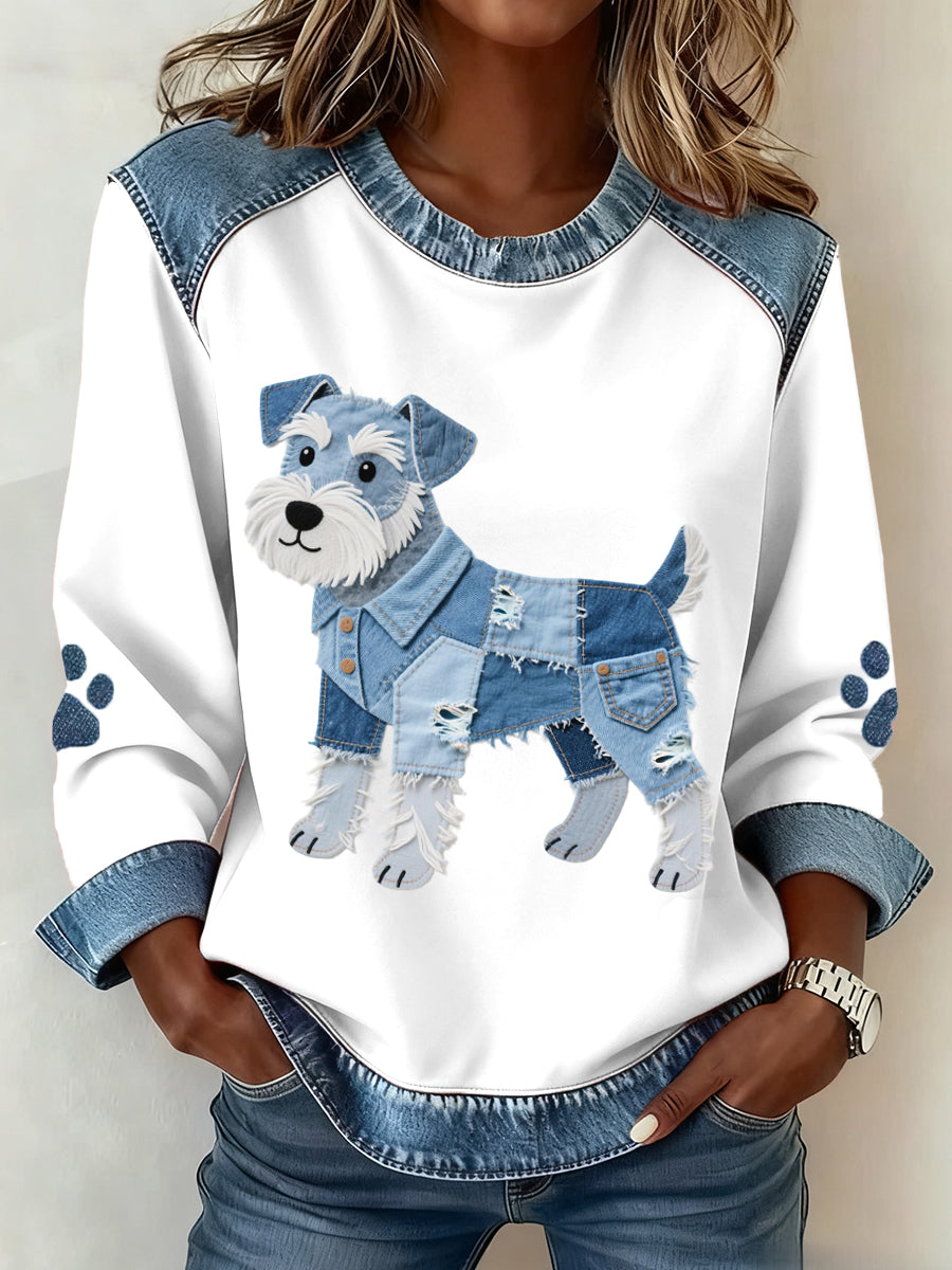 Motif de chien Schnauzer Denim Patchwork Art Sweatshirt des femmes