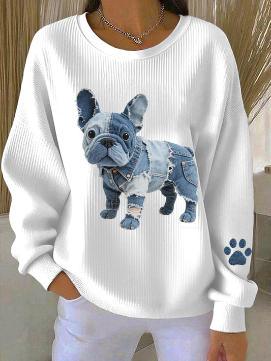 Femmes Denim Patchwork Art Français Bulldog Motif Sweatshirt