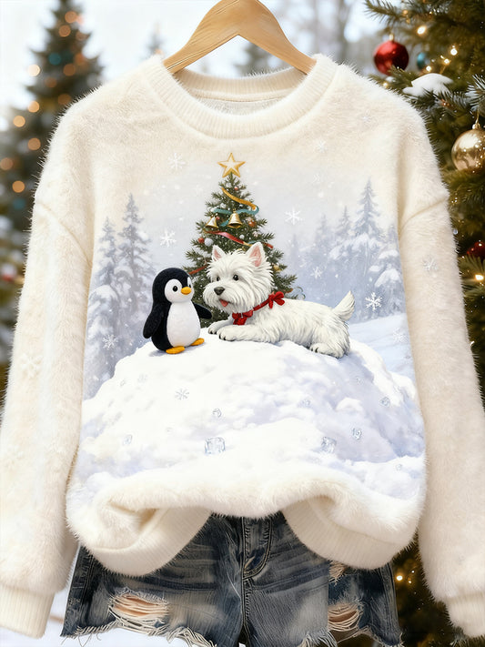 Top Décontracté en Flanelle Imprimé Art de Noël Animal Rétro Femme