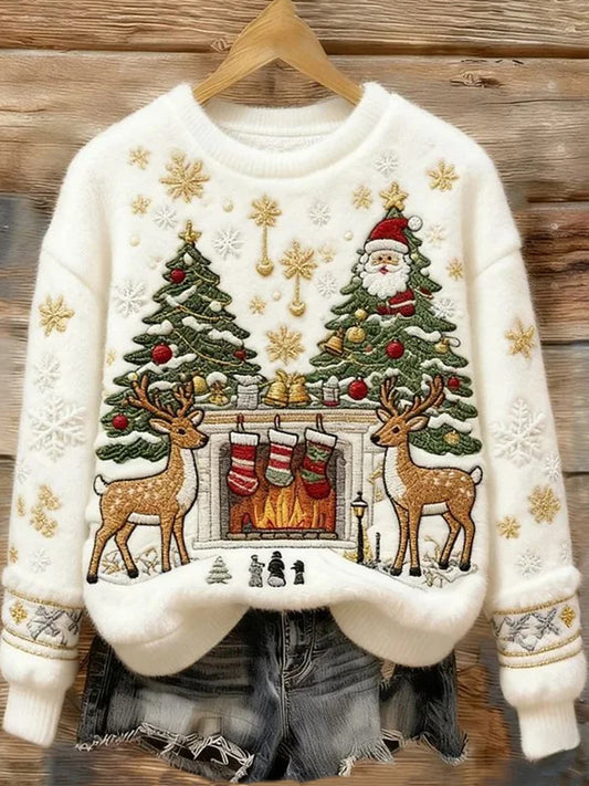 Top Décontracté en Flanelle Imprimé Art de Noël Animal Rétro Femme