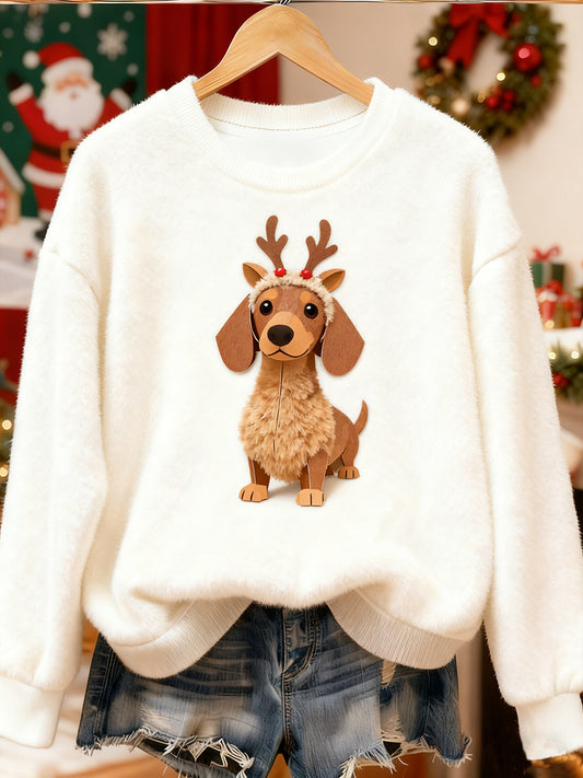 Sweat-shirt à manches longues décontracté à motif de teckel de Noël
