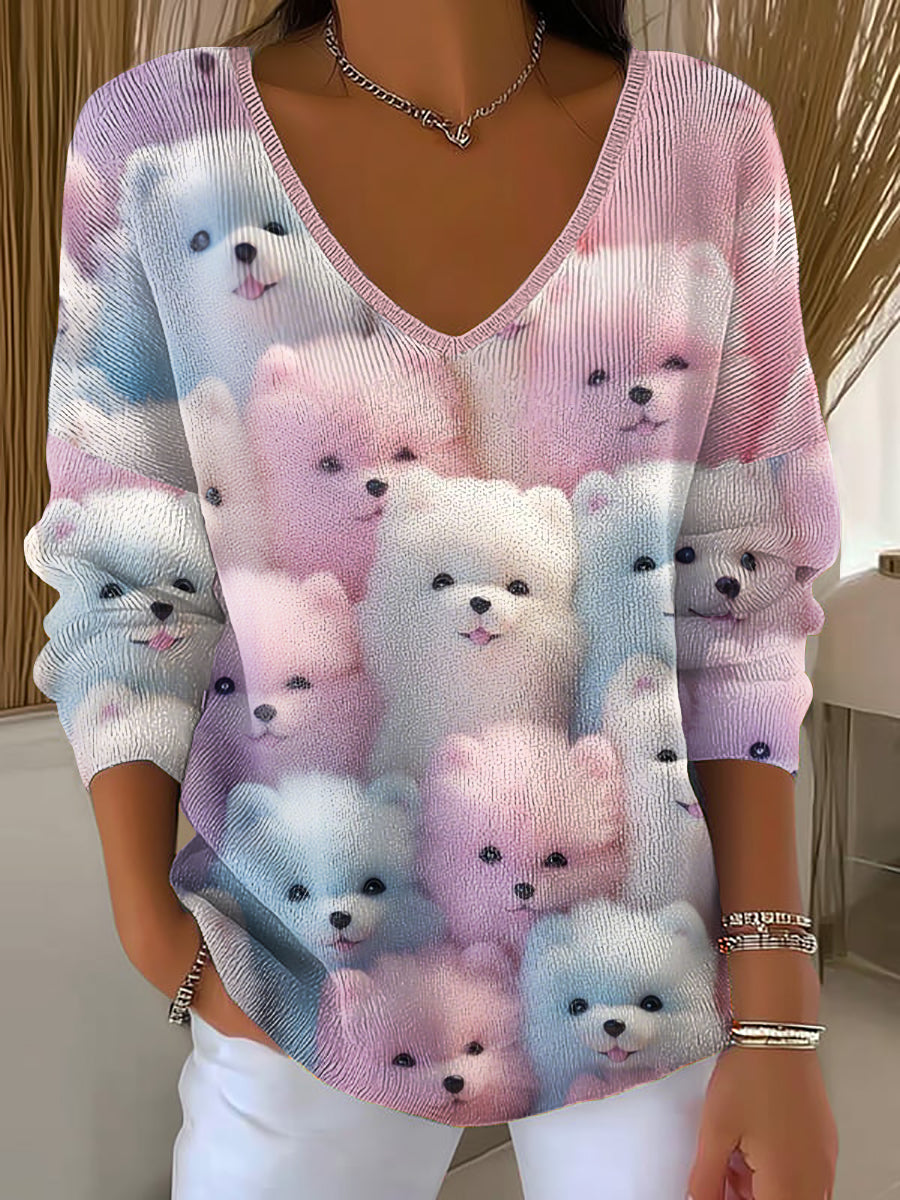 Femmes Lovely Cats V-Neck Haut côtelé